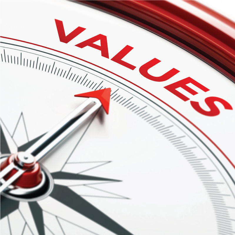 Compass pointing toward the word values