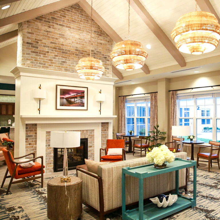 Warm fireside conversation and gathering area